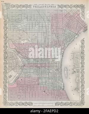 Philadelphie décoratif ville antique plan de ville. COLTON 1869 ancienne carte Banque D'Images