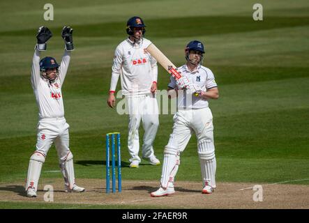 Edgbaston, Birmingham, Royaume-Uni. 23 avril 2021. Adam Wheater, gardien d'Essex, appelle pour le cricket de Sam Hain dans un match de championnat LV= Insurance County, entre Warwickshire et Essex. Crédit : Nigel Parker/Alay Live News Banque D'Images