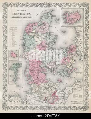 Colton au Danemark. Islande îles Féroé Bornholm. Carte du Schleswig-Holstein 1869 Banque D'Images