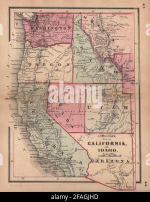 Carte de Colton de la Californie et de l'Idaho. Oregon Washington Montana Utah Arizona 1864 Banque D'Images