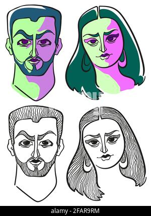 Faces mâles et femelles de type arabe. Deux options : graphiques en noir et blanc et couleur dans le style du Supromatisme. Illustration de Vecteur