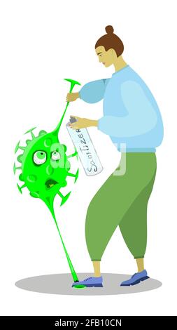 Dans l'illustration, le coronavirus a très peur qu'il soit traité avec un antiseptique et qu'il mourra. Illustration de Vecteur