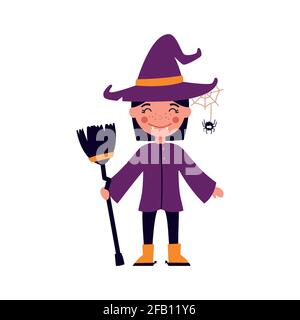 Petite sorcière, jolie petite fille de dessin animé dans le costume d'Halloween avec un balai. Vecteur isolé. Illustration de Vecteur