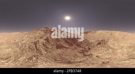 Soleil de jour sur Mars, planète rouge, paysage dans un panorama sphérique HDRI 360 pour les environnements d'illustration 3D. Banque D'Images