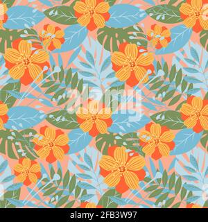 Abstraction des feuilles bleues et vertes et des fleurs orange dans un style plat dans des couleurs pastel. Motif fleuri vectoriel sans couture avec feuilles de palmier et de banane Illustration de Vecteur