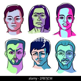 Six visages masculins d'apparences différentes : africain, asiatique, nord, arabe, scandinave et amérindien. Portraits couleur dans le style du Supromatisme. Illustration de Vecteur