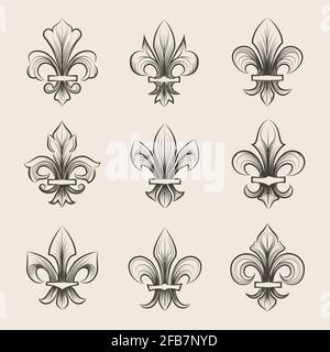 Jeu d'icônes de gravure de la fleur de lis. Décoration antique fleur de lis, fleur héraldique médiévale de lis, fleur française de lis. Illustration vectorielle Illustration de Vecteur