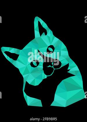 Mosaïque de dessin animé sérieux et intéressé chat muzzle dans des teintes turquoise isolé sur le fond noir, décoration sur le verre Illustration de Vecteur