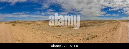 Route dans le désert de Kalahari, Namibie, panorama avec fond nuageux et ciel bleu Banque D'Images