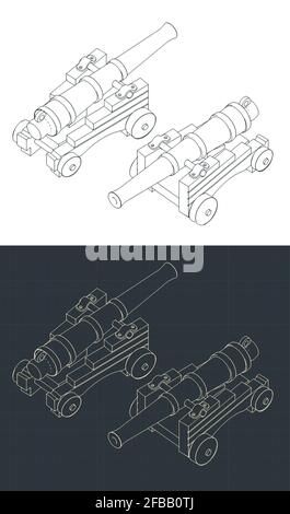 Illustration vectorielle stylisée de dessins isométriques de canons d'artillerie millésimés Illustration de Vecteur