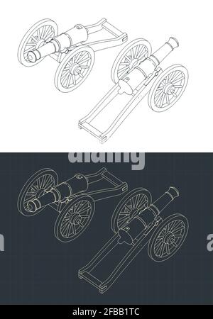 Illustration vectorielle stylisée de dessins isométriques de canons d'artillerie millésimés Illustration de Vecteur