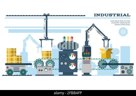 Illustration du vecteur de la ligne du tapis convoyeur industriel. Production de processus de convoyeur, convoyeur avec robot de machine Illustration de Vecteur