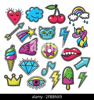 Emblèmes mode chic. Patches d'application pour filles et autocollants en tissu brodés. Étiquette brodée vintage, textile, licorne et flèche brodée Illustration de Vecteur