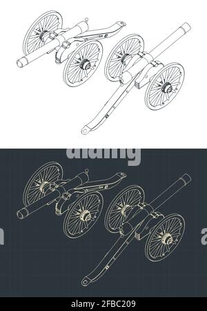 Illustration vectorielle stylisée de dessins isométriques de canons d'artillerie millésimés Illustration de Vecteur