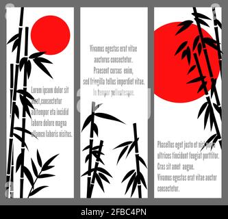 Motif de cartes de bambou japonais ou bannières de bambu chinoises vectorielles. Affiche avec illustration en bambou silhouette noire Illustration de Vecteur