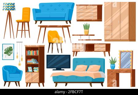 Mobilier de dessin animé. Articles de meubles de maison, lit, canapé, fauteuil et placard, ensemble d'illustrations vectorielles isolées. Éléments de mobilier intérieur d'appartement Illustration de Vecteur