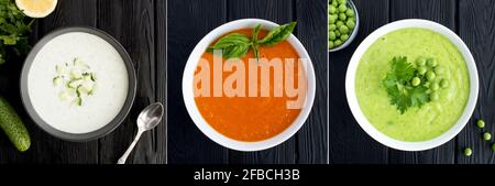 Collage de différents types d'assiettes de soupe. Soupe de pois verts, tomates et yaourts dans les bols sur fond de bois noir.vue du dessus. Banque D'Images