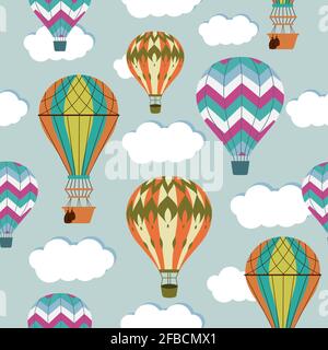 Motif vintage ballons sans coutures. Arrière-plan rétro de la bande dessinée d'air chaud. Ballons d'air colorés dans le ciel avec illustration du nuage Illustration de Vecteur