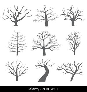 Silhouettes d'arbre mort. Illustration de vecteur de forêt d'arbres effrayants noirs en train de mourir. Arbre de set ancien, mort naturelle Illustration de Vecteur