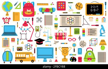 Retour aux éléments de l'école. École symboles dessinés à la main, globe, bus scolaire, sac à dos et bloc-notes scénario isolé. Badges d'éducation scolaire Illustration de Vecteur