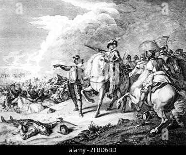 Prince Rupert à la tête de la cavalerie pendant la bataille de Naseby dans le Northamptonshire, un engagement décisif de la guerre civile anglaise, a combattu le 14 juin 1645 entre la principale armée Royaliste du roi Charles I et l'Armée parlementaire nouvelle modèle, commandée par Sir Thomas Fairfax et Oliver Cromwell. Après des combats acharnés, l'armée parlementaire a effectivement détruit la force Royaliste. Banque D'Images