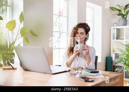 Belle femme freelance travaillant avec un café tout en regardant un ordinateur portable au bureau à domicile Banque D'Images