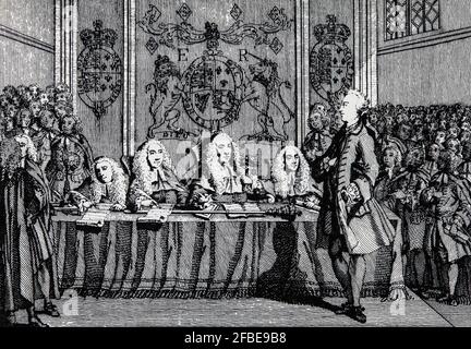 John Wilkes (1725-1797), journaliste et politicien radical britannique, ainsi que magistrat, essayiste et soldat lors d'un procès devant le Banc du Roi. Il a été élu député de Middlesex en 1757, luttant pour le droit de ses électeurs, plutôt que de la Chambre des communes, de déterminer leurs représentants. En 1776, il a présenté le premier projet de loi sur la réforme parlementaire au Parlement britannique. Banque D'Images
