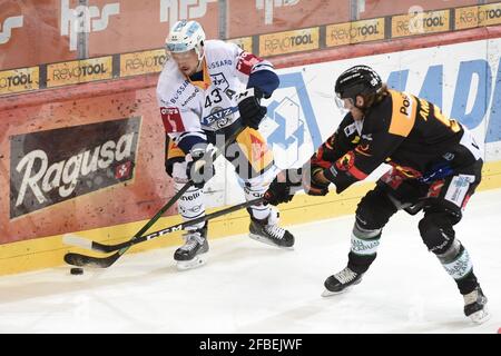 Berne, Suisse. 23 avril 2021. 23 avril 2021, Berne, PostFinance Arena, NL 1/4 final - jeu 6: Berne - EV Zug, # 43 Jan Kovar (Zug) contre # 55 Calle Andersson (Berne). (Suisse/Croatie SORTIE) crédit: SPP Sport presse photo. /Alamy Live News Banque D'Images