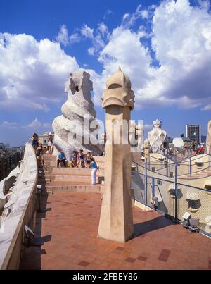 Toit de la Casa Milà (La Pedrera), Passeig de Gràcia, Eixample, Barcelone, Province de Barcelone, Catalogne, Espagne Banque D'Images