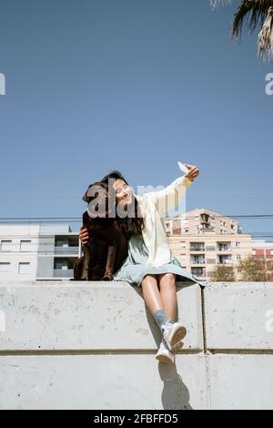 Femme souriante prenant un selfie avec un chien du Labrador tout en étant assise mur de retenue Banque D'Images