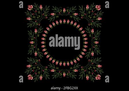 Motif pour la broderie d'un cadre carré avec bordures de entrelacer les branches des bourgeons roses rouges avec un conifères, des baies et une couronne ronde de roses Banque D'Images