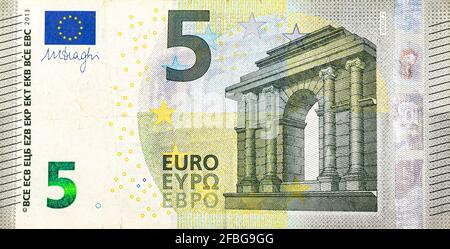 Macro photo texte détaillé sur billet de banque de 5 euros Banque D'Images