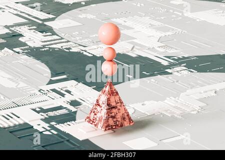 Pyramide rose abstraite avec trois sphères d'équilibre sur le dessus contre arrière-plan futuriste Banque D'Images