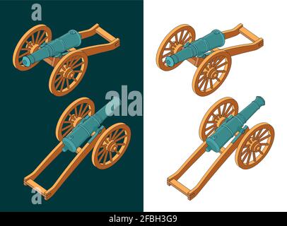 Illustration vectorielle stylisée de dessins isométriques de canons d'artillerie millésimés Illustration de Vecteur