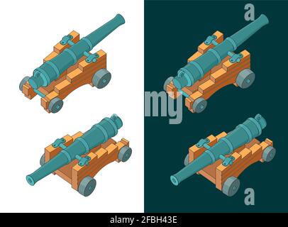 Illustration vectorielle stylisée de dessins isométriques de canons d'artillerie millésimés Illustration de Vecteur