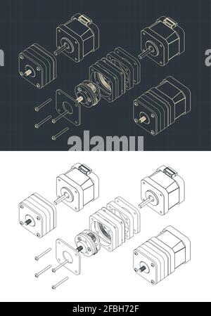 Illustration vectorielle stylisée de dessins isométriques d'un stepper démonté moteur avec boîte de vitesses planétaire Illustration de Vecteur