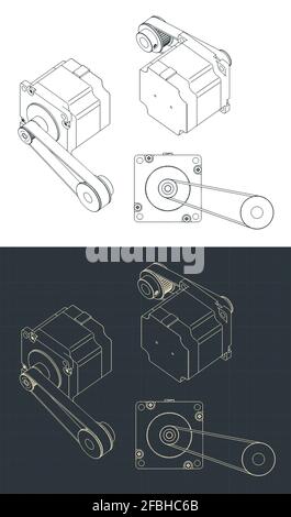 Illustration vectorielle stylisée de dessins isométriques d'un moteur pas à pas avec courroie Illustration de Vecteur