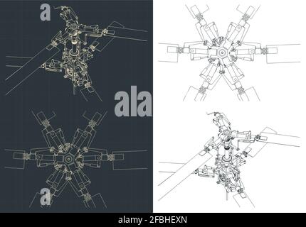 Illustrations vectorielles stylisées du mécanisme du rotor principal coaxial de l'hélicoptère mises en plan Illustration de Vecteur