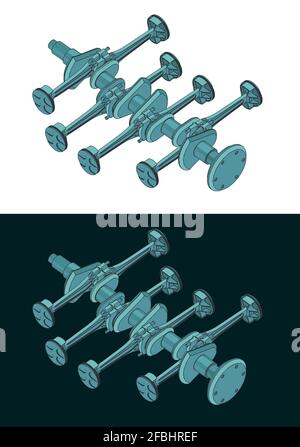 Illustration vectorielle stylisée du vilebrequin et des pistons opposés horizontalement mises en plan de couleurs isométriques du moteur Illustration de Vecteur