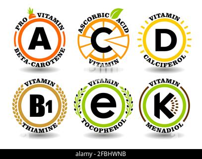Ensemble de vecteurs de concept créatif de A, B, C, D, E, K signes complexes de vitamines avec symbole de soleil graphique plat, icônes de fruits de dessin animé, timbres naturels de nourriture saine, Illustration de Vecteur
