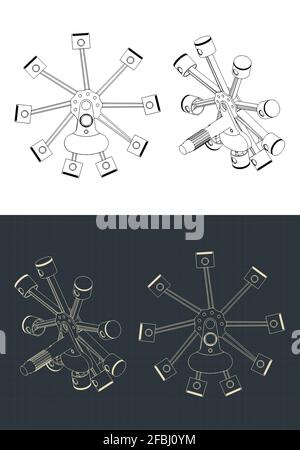 Illustration vectorielle stylisée des dessins des pistons radiaux du moteur Illustration de Vecteur