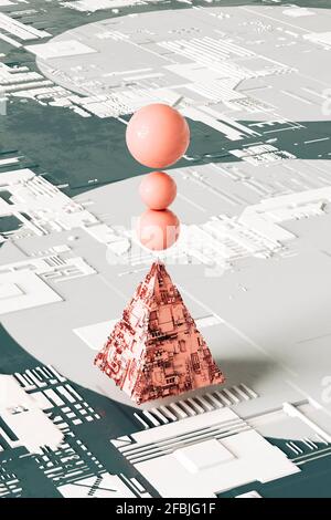 Pyramide rose abstraite avec trois sphères d'équilibre sur le dessus contre arrière-plan tridimensionnel futuriste Banque D'Images