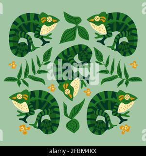 Motif avec des chameleon de couleur mignonne et drôle et un feuillage tropical. Signe de paix, feuilles et fleurs joyeuse illustration de vecteur. Illustration de Vecteur