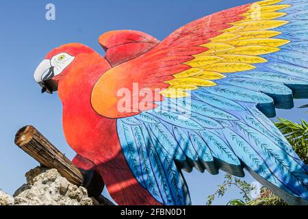 Miami Florida, Parrot Jungle Island signe de macaw géant, entrée principale, Banque D'Images