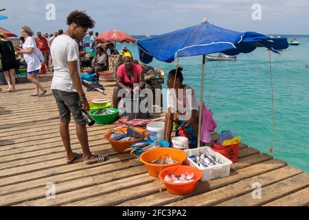 Green Island Cap-Vert, Cabo Verde, Salt Island ou ilha do Sal, tourisme au marché de ponton de Playa Santa Maria Beach Banque D'Images