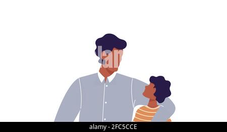 Homme africain embrassant son fils. Papa sans visage avec son fils. Père parlant à son enfant. Bonne famille. Personnages de dessin animé mignons isolés Illustration de Vecteur