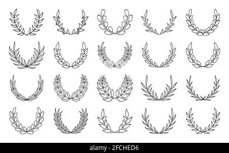 Ensemble d'icônes de couronne à feuilles linéaires noires d'époque. Cadre d'ornement floral rond dessiné à la main pour votre conception. Idéal pour les cartes de vœux, les affiches, les logos et les applications de jeu. Prix de la branche Laurel ou olive. Illustration vectorielle Illustration de Vecteur