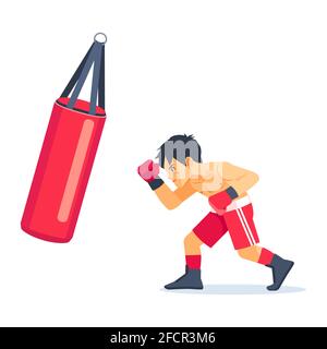 Boxeur garçon avec de grands sacs de sable boxe, exercice. Forme physique, sport, exercice, puissance et le concept de style de vie. Illustration vectorielle de dessin animé Illustration de Vecteur