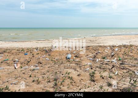 Pollution des mers avec des bouteilles en plastique. Problème écologique Banque D'Images