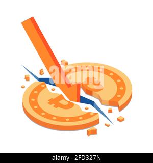 Bitcoin isométrique 3D plat fissuré par la flèche rouge tombant. Crise du Bitcoin et concept de bulle de crypto-monnaie. Illustration de Vecteur